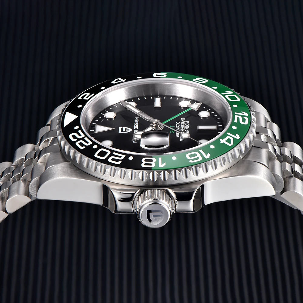 Montre automatique PAGANI DESIGN PD-1662 – Verre saphir, acier inoxydable, 100 m étanche, GMT